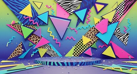 Obraz premium Vibrant 90s Retro Stage with Geometric Shapes and Animal Prints.