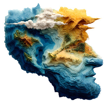 A vibrant, layered landscape depicts a human profile formed by earth, water, and sky.