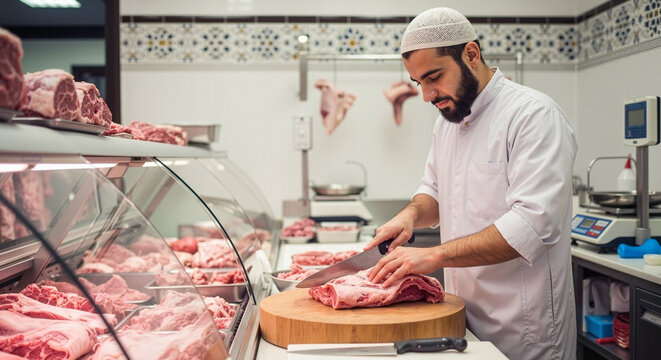 Muslim butcher preparing meat in commercial kitchen with care  