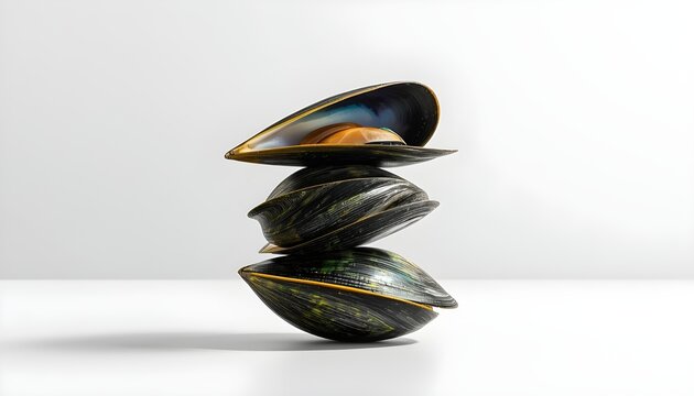 A stack of mussel shells on a white surface with a clean background
