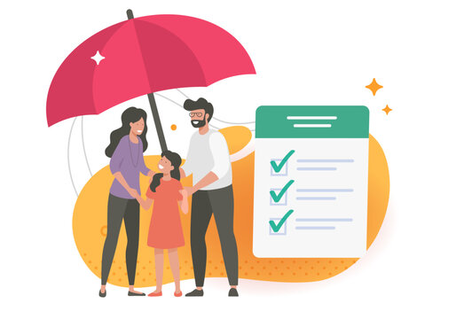 Family life insurance protection coverage plan checklist modern graphic illustration design, people under umbrella as safety security concept, parents health care support assistance shield clip art
