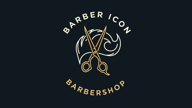 Classic barber icon featuring a pair of sharp scissors and a stylized hair wave with the text barbershop for professional grooming business.