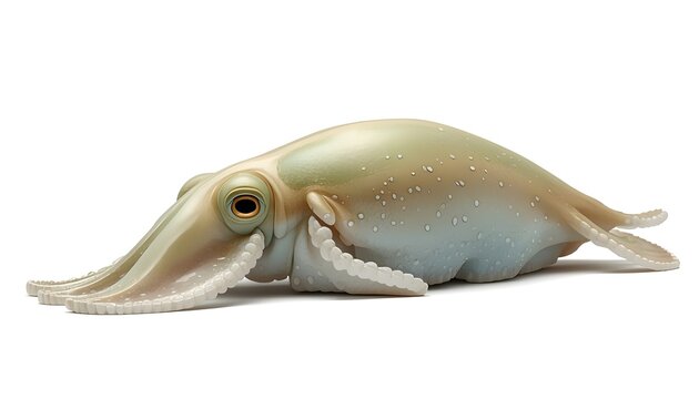A cuttlefish lies on a white surface, showcasing its unique texture and coloration.