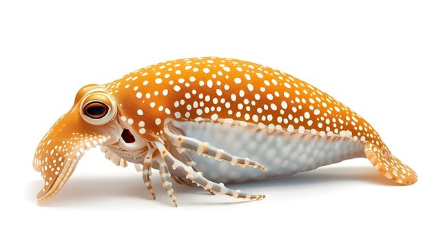A vibrant cuttlefish with orange and white spots is displayed on a clean white background