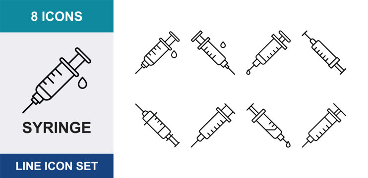 Medical syringe line icon set, 8 icons of hypodermic needles for vaccination and injection, black outline medical syringe vector collection