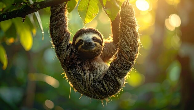 Smiling sloth hangs from a branch in sunlight, gazing at the camera amidst leafy green foliage