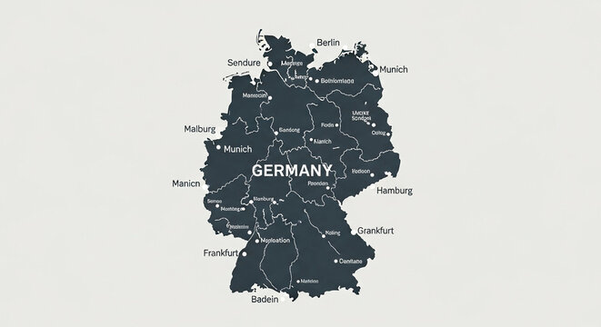 Detailed map of Germany showing federal states and major cities labeled clearly in white, presented in a minimalist, modern, and flat design style against a neutral background.