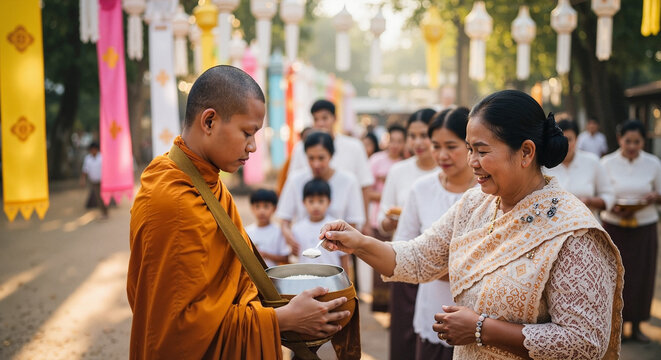 Monk receiving alms from a woman during a community ceremony outdoors  