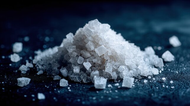 Coarse sea salt crystals piled on dark slate, glistening under moody studio lighting, cubelike grains with pronounced texture, culinary ingredient for chef, highcontrast food styling, premium