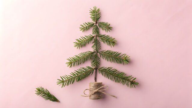 Creative flat lay Christmas tree made from green fir branches arranged in triangular shape on soft pink background with cinnamon stick bundle as trunk and scattered branch piece, minimalist holiday de