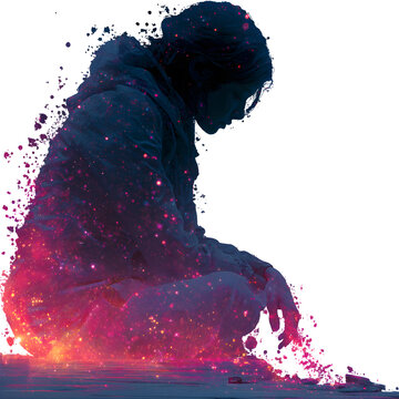A person in silhouette is dissolving into colorful cosmic dust, symbolizing transformation and wonder.
