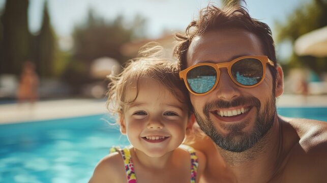 Happy father and daughter drinking milkshakes, having fun during summer vacation