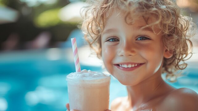 Joyful child enjoying a drink with a straw beside a refreshing pool on a sunny day