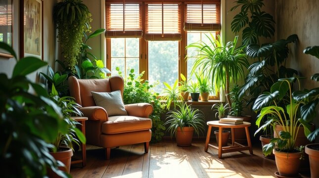Un rinc&oacute;n sereno de plantas de interior con exuberante follaje verde y vibrantes plantas tropicales