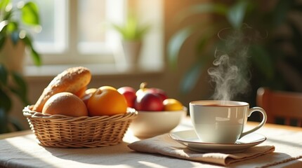 Mesa de desayuno sencilla con pan, fruta y café, estilo de vida de vida lenta