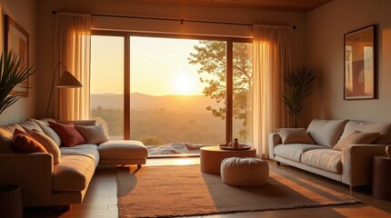 La luz del atardecer entra en el acogedor interior de la casa