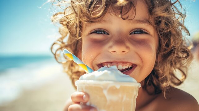 Smiling child holding a milkshake, enjoying summer day near a swimming pool