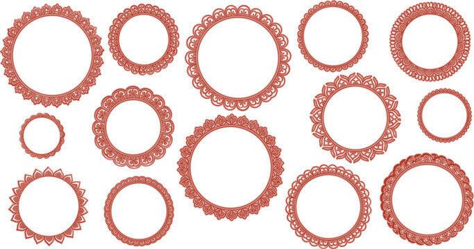 Red decorative circular frames set with intricate lace borders, ornamental floral patterns and elegant vintage round design elements for invitations and branding