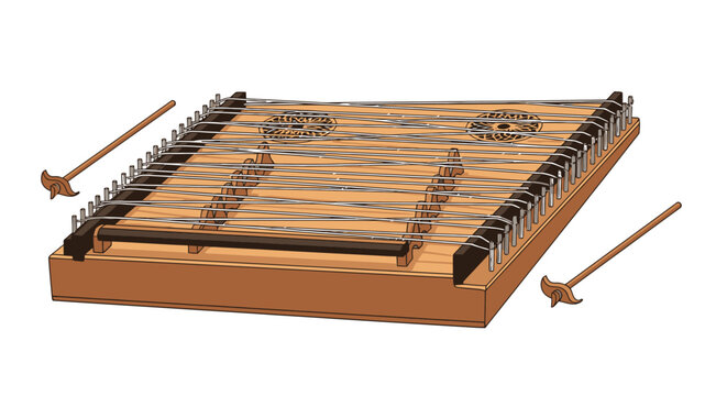 Dulcimer Musical Instrument with Mallets on White Background