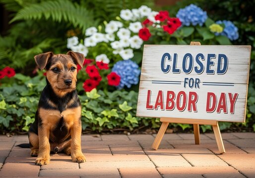 A cute puppy sitting next to a sign that reads Closed for Labor Day