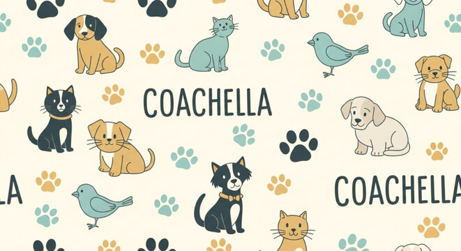 Colorful coachella pets pattern with cartoon animals and paw prints on cream background