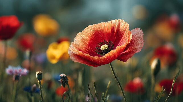 A vibrant red poppy standing in the center of a sunlit meadow, colorful poppies scattered around, crisp clear background