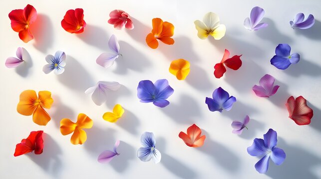 Vibrant colorful viola flowers and petals isolated on white background