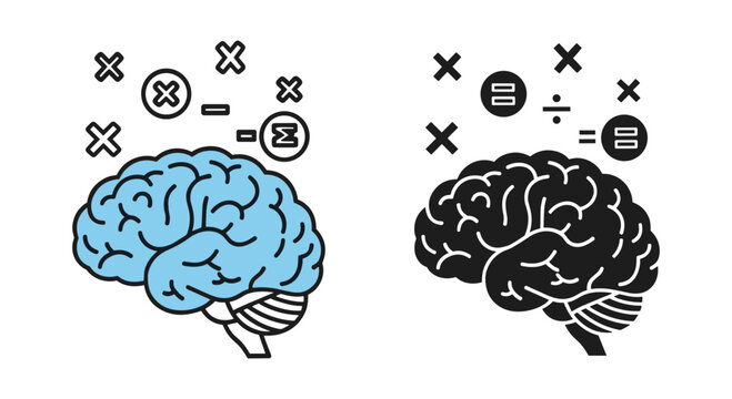 Human brain with math symbols vector illustration, mental calculation and logic concept, blue and black anatomical brain icons for education