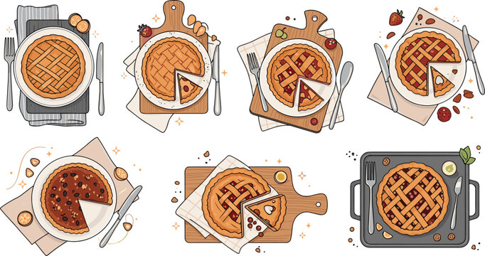 PrintHand drawn pie desserts set top view vector illustration featuring various baked pastries slices on plates with rustic kitchen elements
