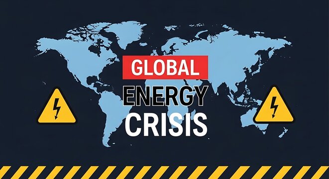 Global Energy Crisis Map with Warning Signs and Striped Border.