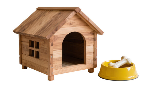 Rustic wooden doghouse with pitched roof featuring window, beside yellow bowl with bone toys