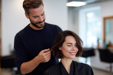 Obraz premium Stylist gives haircut to woman in salon during daytime