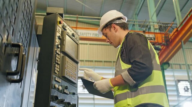 Industrial worker inspecting machinery in factory operational review manufacturing environment close-up perspective
