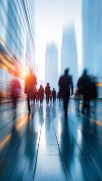 Urban professionals walking through modern city business district with blurred motion and dynamic light reflections on sleek floor surface