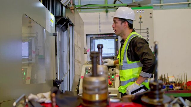 Industrial worker operating machinery factory floor photographic series indoor environment side view technical operations