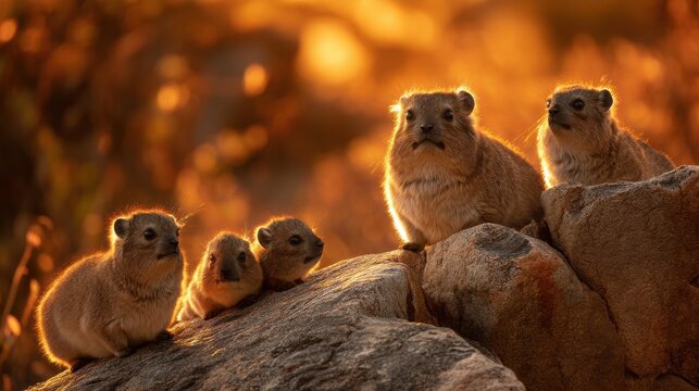 Rock Hyrax Family at Sunset on Rocky Terrain