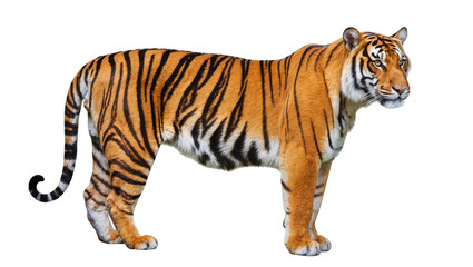 Obraz premium Orange striped tiger standing, displaying powerful muscles and focused gaze