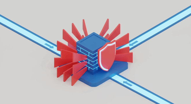 3D illustration of a blue cube with red spikes and a shield.