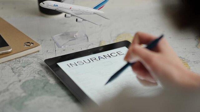 Contract, Insurance underwriter Demonstrates contract clauses on digital device in corporate building Girl consultant insurance policy benefits, Indoor customer service company, insurance consultation