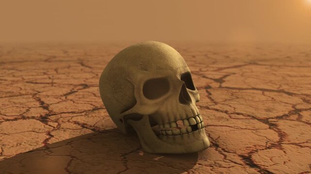 Human Skull on Dry Cracked Land