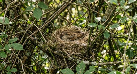Obraz premium A detailed close-up of a birds nest nestled within dense green foliage and branches.