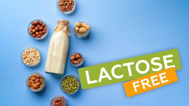 Different nuts and lactase milk on a blue surface with lactose free label