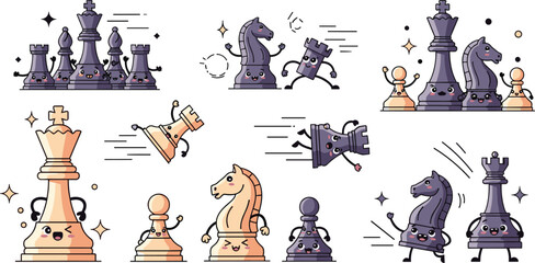 PrintCute chess pieces cartoon set king queen knight rook pawn strategy game characters vector illustration collection © MDSaiful