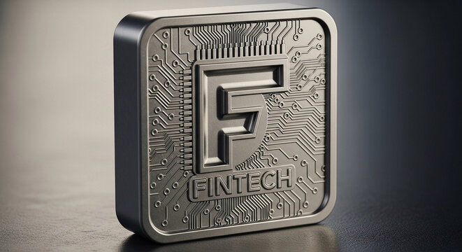 Embossed Fintech logo on a textured metallic square, symbolizing digital currency, financial technology, and secure online transactions with circuit board patterns.