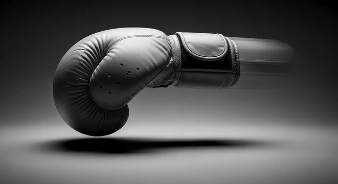 Boxing glove rising in an uppercut motion with dynamic speed effect showcasing power and impact. Boxing glove features smooth leather texture and padded design for safety and performance.