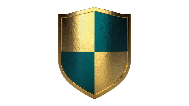 Metallic gold bordered shield, displaying teal and yellow quadrants