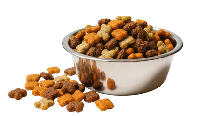 Stainless steel bowl overflowing with brown orange and beige dry dog food, scattered around © Rowan