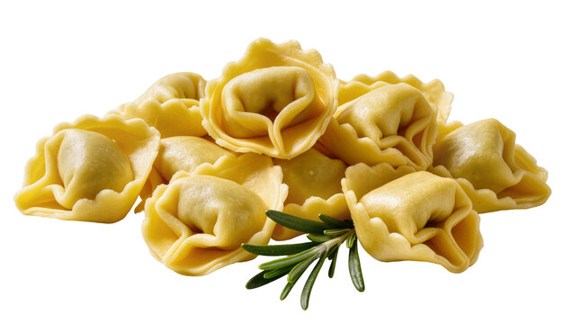 Golden cooked tortellini pasta, garnished with fresh green rosemary sprig