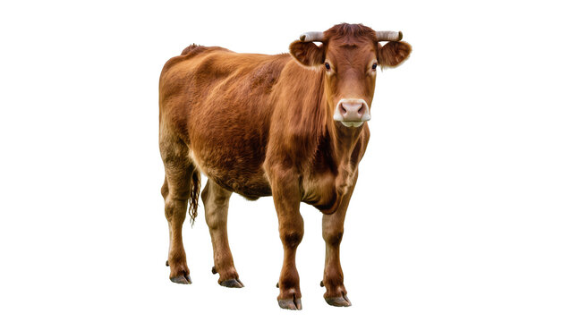 Reddish brown cow standing, gazing forward with alert expression