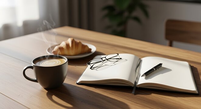 A warm breakfast scene with coffee, croissant, and an open notebook.